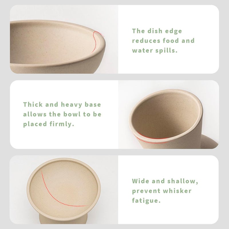CEEFU 2 Elevated Cat Bowls Extra Wide for Food & Water – Whisker Fatigue, Ceramic Wide Shallow Food Dish, Lead & Cadmium Free, Raised Height for Cats, Pottery Clay (Not Glazed) - Image 3